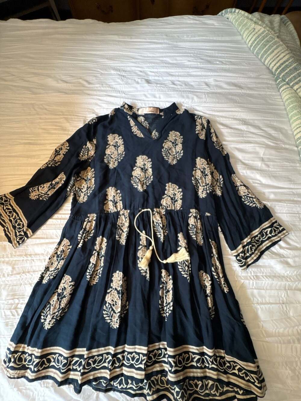 E2 Clothing Navy Blue Paisley Print Tassel Drawstring Midi Dress Size M